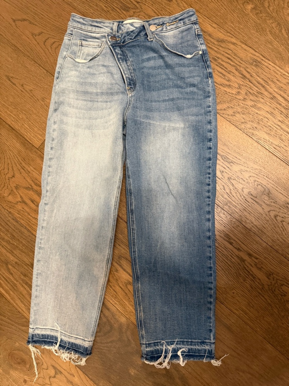 Two-Tone Light Blue Distressed Hem Jeans